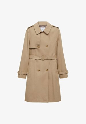 Beige trenčkot s dvojitým zapínáním, opaskem v pase a ramenními vycpávkami. Disponuje dlouhými rukávy a bočními kapsami.