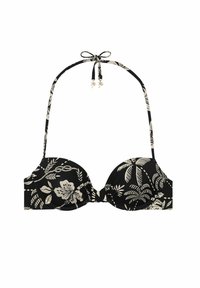 Black bikini top with floral and leaf patterns in cream, padded cups, tie neck straps, and gold accents. Matte fabric with smooth texture.