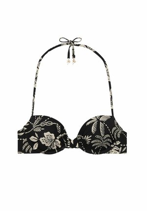 Black bikini top with floral and leaf patterns in cream, padded cups, tie neck straps, and gold accents. Matte fabric with smooth texture.