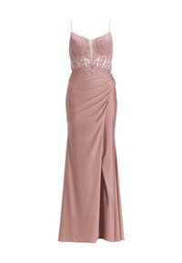 Robe de soirée rose avec corsage en dentelle, panneau transparent et fines bretelles. Présente une jupe drapée avec une fente à l'avant et des détails de broderie complexes.