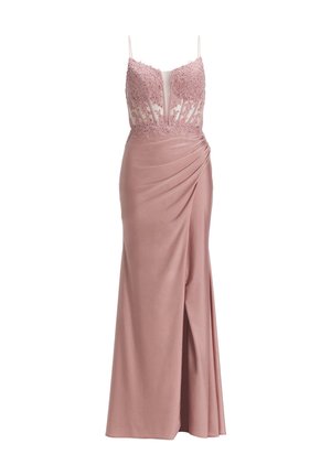 Vestido de noche rosa con cuerpo de encaje, panel transparente y tirantes finos. Presenta una falda drapeada con una abertura delantera y detalles de bordado intrincados.