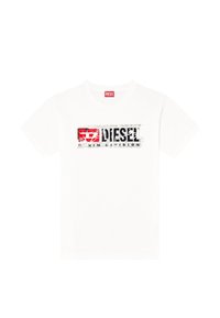 Hvid bomulds T-shirt med et fremtrædende grafiktryk i rød og sort med teksten "DIESEL Denim Division" i en slidteeffekt.