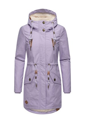 Lilac waterproof jacket with a fur-lined hood, front zip and button closure, two large side pockets, and adjustable drawstrings.