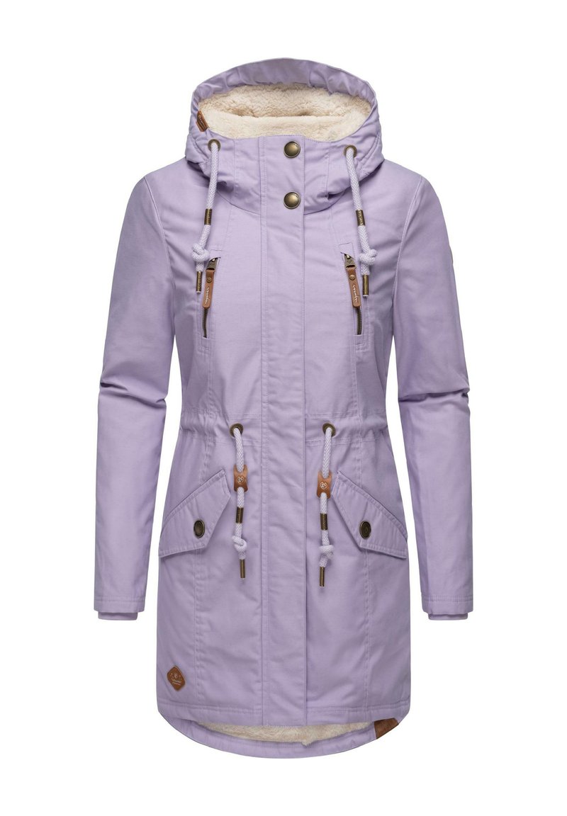 Lilac waterproof jacket with a fur-lined hood, front zip and button closure, two large side pockets, and adjustable drawstrings.