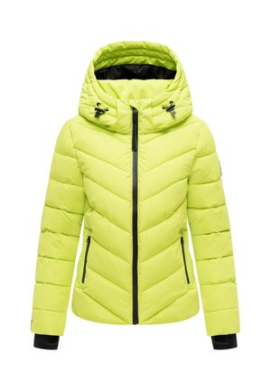 Hellgelbe wattierte Winterjacke mit Kapuze, Frontreißverschluss, seitlichen Reißverschlusstaschen und schwarzen Innenbündchen.