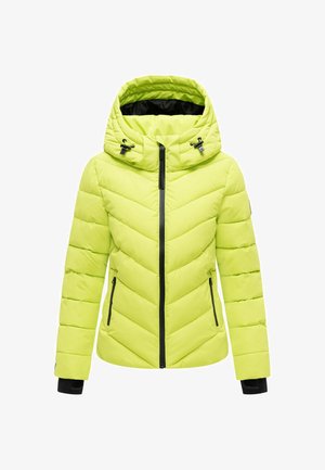 Hellgelbe wattierte Winterjacke mit Kapuze, Frontreißverschluss, seitlichen Reißverschlusstaschen und schwarzen Innenbündchen.