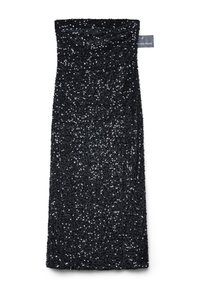 Schwarzes trägerloses Röhrenkleid, das mit kleinen schimmernden schwarzen Pailletten bedeckt ist, flach ausgelegt mit einem sichtbar gekennzeichneten Kleidungsetikett auf der rechten Seite.