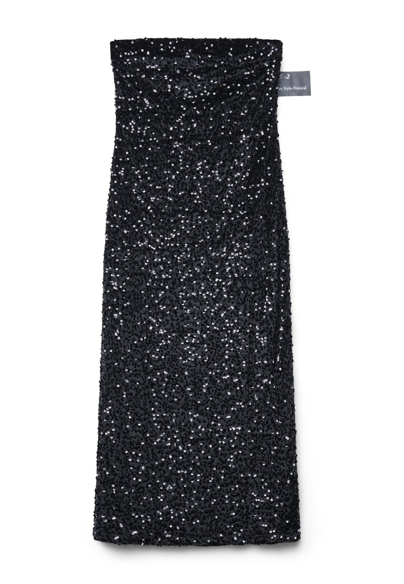 Schwarzes trägerloses Röhrenkleid, das mit kleinen schimmernden schwarzen Pailletten bedeckt ist, flach ausgelegt mit einem sichtbar gekennzeichneten Kleidungsetikett auf der rechten Seite.