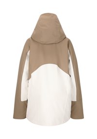 Giacca idrorepellente in beige e bianco, dotata di cappuccio, maniche lunghe e un design a blocchi di colore con texture liscia e cuciture.