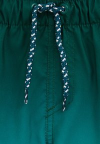 Zielone szorty z gładkiej tkaniny, wyposażone w sznurek ściągający o plecionej konstrukcji w kolorach niebieskim i białym oraz ozdobione oczkami.