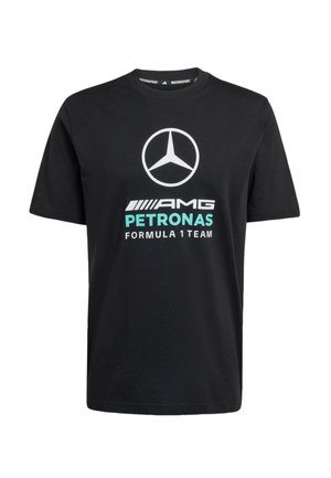 Sort bomuld T-shirt med hvidt Mercedes-Benz-logo og turkis "AMG PETRONAS FORMULA 1 TEAM" tekst i en fed, moderne skrifttype.