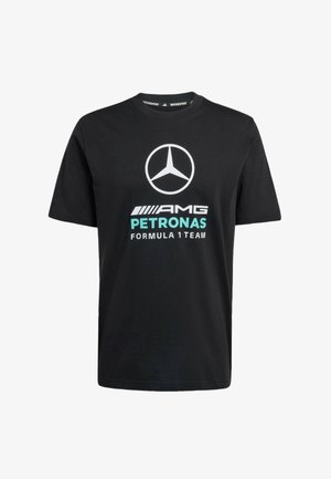 Black cotton t-shirt featuring a white Mercedes-Benz logo and turquoise "AMG PETRONAS FORMULA 1 TEAM" text in a bold, modern font.