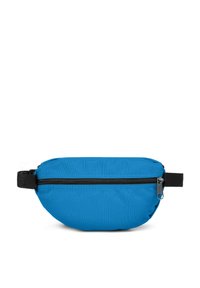 Marsupio in tessuto blu con zip e tracolla nera. Presenta una forma piatta e ovale, con una texture liscia e un design minimalista.