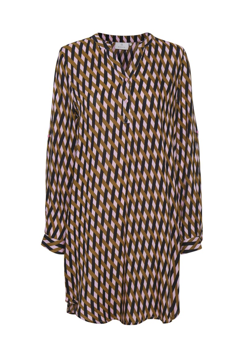 Tunique à motifs présentant un design géométrique en marron, rose et noir. Manches longues avec option de roulage et un col en V avec boutons.