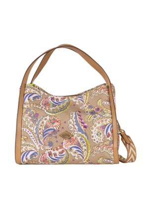 Middelgrote beige handtas met kleurrijk bloemenpaisleypatroon, handvaten van lichtbruin leer en een afneembare zigzagriem.