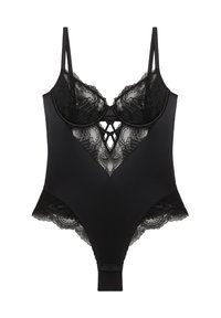 Body nero con dettagli in pizzo, dotato di spalline regolabili, scollatura a V profonda e un design testurizzato con motivi floreali.