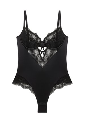 Schwarzer Body mit Spitzenakzenten, verstellbaren Trägern, einem tiefen V-Ausschnitt und einem strukturierten Design mit Blumenmustern.