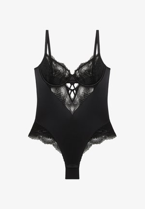 Black bodysuit with lace detailing, featuring adjustable straps, a deep V-shaped neckline, and a textured design with floral patterns.