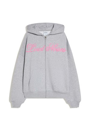 Light gray zip-up hoodie with hood, front pockets, and pink cursive "Loud Noises" text across the chest.