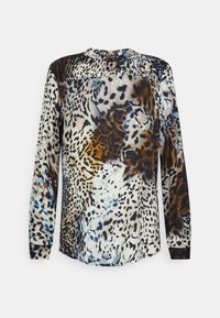 Blus med lång ärm i lätt tyg med flerfärgad leopardtryck, samlad halsringning och slät textur. Svarta detaljer vid ärmsluten.