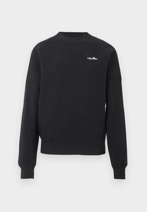 Melns džemperis ar apaļu kaklu un garām piedurknēm, ar mazu baltu "ellesse" logotipu kreisajā krūtīs, attēlots uz vienkārša gaiši pelēka fona.