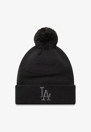 Berretto di lana nera con pompon in alto e orlo ripiegato con logo "LA" ricamato grigio.
