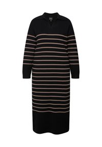 Robe tricotée rayée noir et beige avec un col en V. Manches longues et silhouette droite, présentant des rayures horizontales.