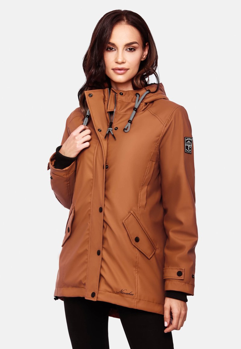 Brown waterproof parka jacket with a drawstring hood, two front pockets, snap closures, and contrasting black trim. Smooth texture and casual design.