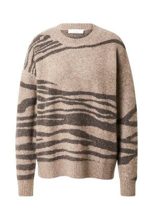 Beżowy wełniany sweter z ciemnobrązowymi, abstrakcyjnymi paskami przypominającymi zebrę, z prążkowanym okrągłym dekoltem, mankietami i krawędzią.