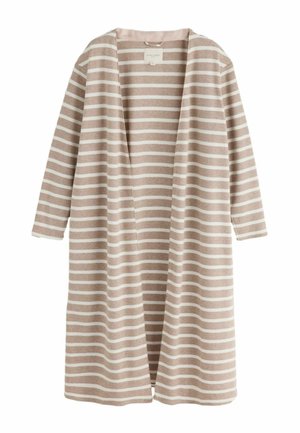 Beige-weiß horizontal gestreifte, lange offene Strickjacke mit langen Ärmeln, knielang, aus Strickstoff.