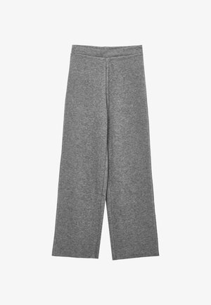 Pantalons gris à jambes larges en tissu doux, dotés d'une taille lisse et d'une coupe ample sans poches ni fermetures visibles.