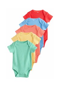 Fem baby bodysuits i ribbat tyg med korta ärmar. Färger: mintgrön, gul, korall, ljusblå och röd. Tryckknappsstängning i botten.