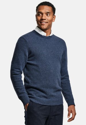 Man wearing a blue crewneck sweater over a white collared shirt, with dark pants, standing with one hand in pocket and smiling, looking right.