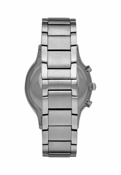 Silbernes Metall-Gliederarmband an einem runden Uhrengehäuse mit zwei Seitenknöpfen, von hinten gezeigt.