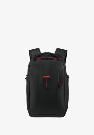 Schwarzer Samsonite-Rucksack mit roten Akzenten, gepolsterten Schultergurten und einem oberen Griff, entworfen für Reisen und den täglichen Gebrauch.