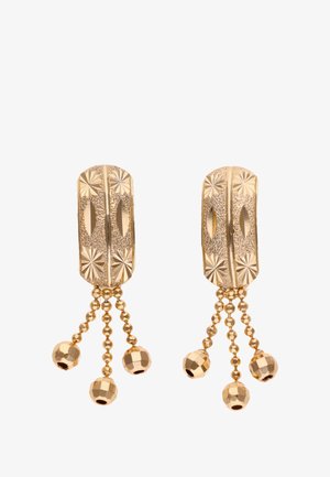 Aranyszínű klipszes fülbevalók, texturált, téglalap alakú tetejükkel és három lógható gyöngylánccal, amelyek csiszolt kerek gyöngyökben végződnek.