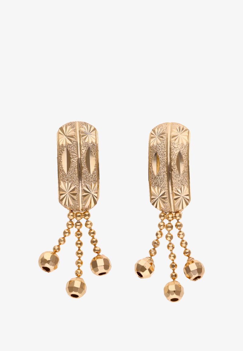 Złote klipsy w kształcie prostokątnym z teksturowanym wierzchem i trzema wiszącymi łańcuszkami z koralikami, zakończonymi fasetowanymi okrągłymi koralikami.