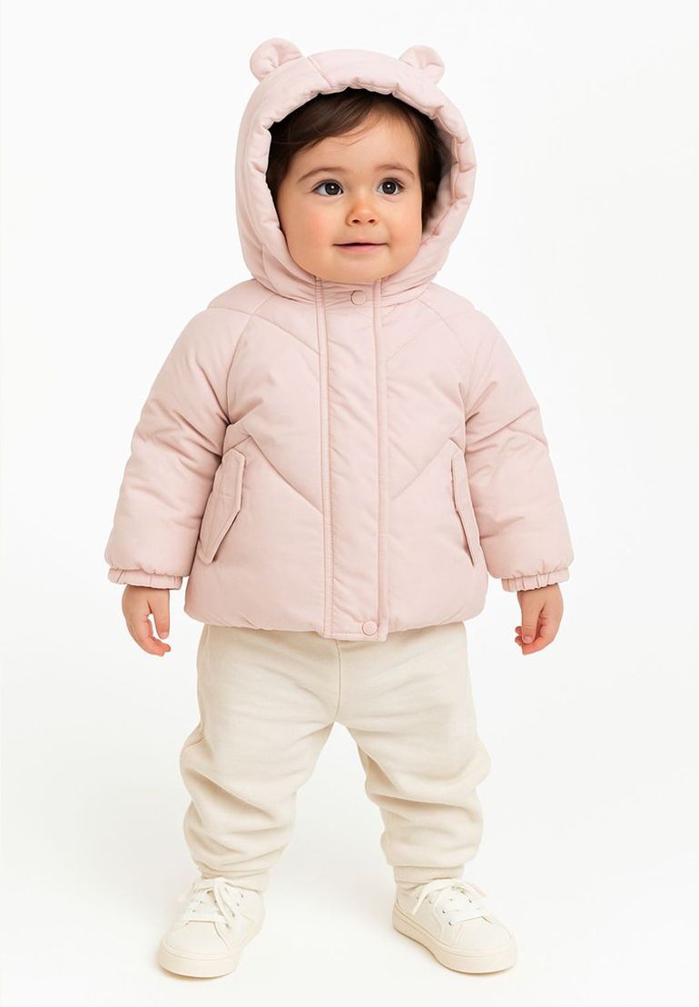 Rozā quilted jaka ar lāču ausīm, ar priekšējo spiedpogu aizdari, divām sānu kabatām, uzvilkta virs gaiši bežiem sporta biksēm un baltām kedām.
