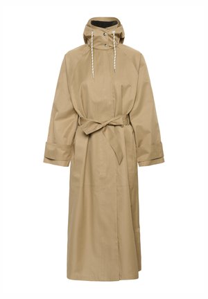 Beige long raincoat with hood, adjustable drawstring, snap buttons, wide cuffs, and a waist belt tied in a bow.
