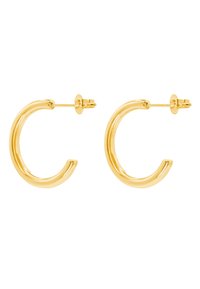 Goldene Creolen mit einem glatten, geschwungenen Design. Der Durchmesser ist mittelgroß, mit einer polierten Oberfläche und einem sicheren Stecker-Verschluss.