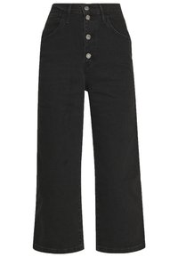 Jeans vaqueros negros de tiro alto con pernera recta, con bragueta de cinco botones, dos bolsillos delanteros y detalles de costura sutiles.