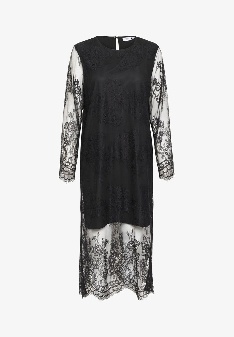Robe noire à manches longues avec manches et ourlet en dentelle florale, dotée d'une doublure intérieure unie et d'un col rond avec fermeture à boutons au dos.