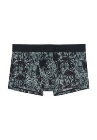 Schwarze und türkisfarbene Boxershorts mit Tigerdruckdesign, elastischem Bund mit "HOM"-Logo, weichem Stoff und Länge bis zur Mitte des Oberschenkels.