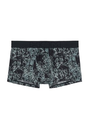 Boxer da uomo neri e turchesi con motivo a tigre, elastico in vita con logo "HOM", tessuto morbido e lunghezza a metà coscia.