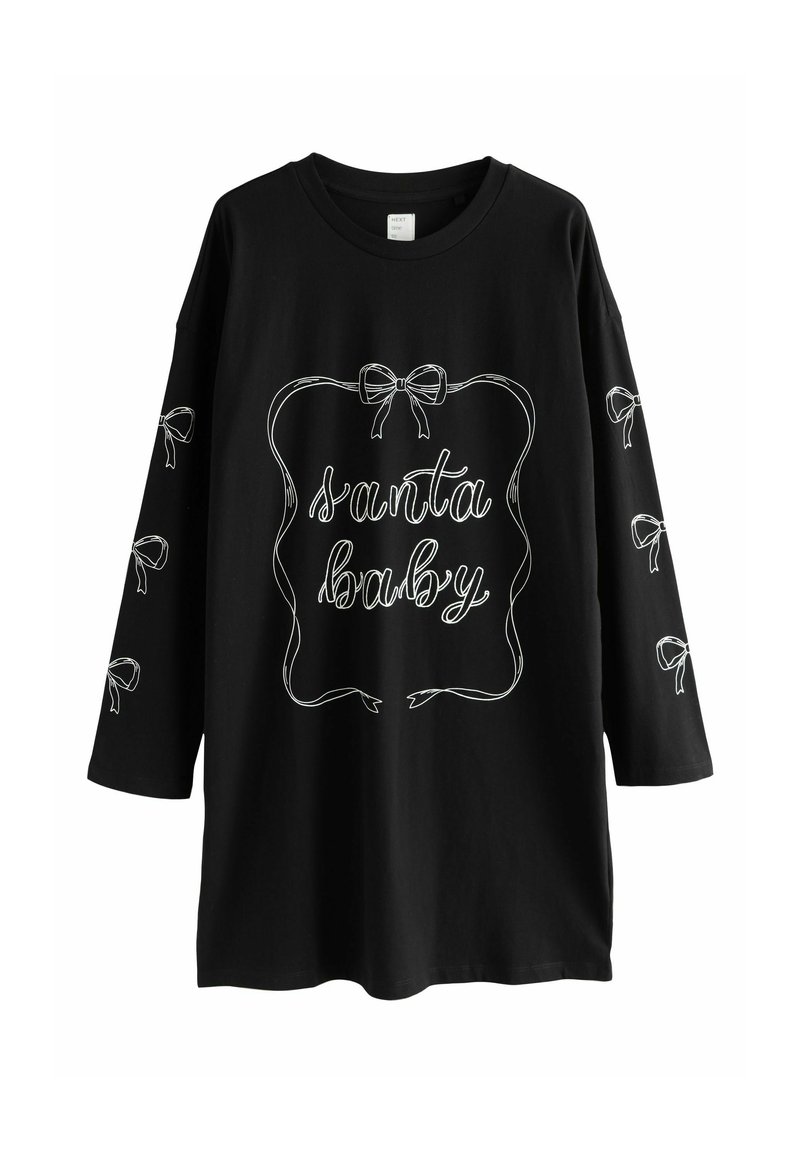 Camisa de manga larga negra con diseños de lazo blanco en las mangas y en la parte delantera, que presenta el texto "santa baby" enmarcado por un gráfico de cinta y lazo.