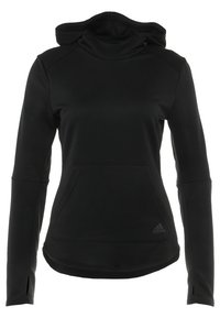 Felpa nera con maniche lunghe Adidas, dotata di tasca a marsupio sul davanti e fori per il thumbs sulle maniche, progettata per l'abbigliamento sportivo.