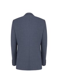 Męska niebieska marynarka, tkanina o teksturowanym wykończeniu, pojedynczy rozcięcie z tyłu, klapy z wycięciem, z zapięciem na guziki na mankietach. Czysta, dopasowana sylwetka.