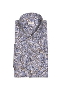 Niebieska i beżowa koszula w paisley z zaokrąglonym kołnierzykiem i zapinana na guziki, wykonana z gładkiego materiału o subtelnym połysku.