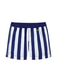 Shorts de bain rayés bleu marine et blanc avec une taille élastique et un petit logo jaune. Tissu léger avec une texture lisse.
