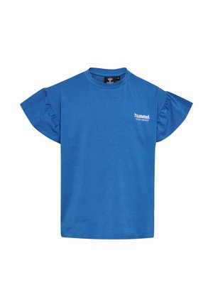 Blauwe T-shirt met korte mouwen van katoen, met rimpelaccenten op de schouders en een wit logo op de voorkant. Casual en luchtig ontwerp.